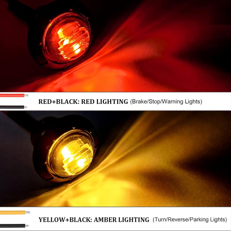 BJZ 3/4" Round Trailer Marker LED Lights Red to Amber Dual Color Side Clearance Tail Brake Stop Turn Signal Bullet Light 12V 4LED Indicator Light w/Clear Lens for Trailer Truck Van RV ATV Bus, 10Pcs - Image 2